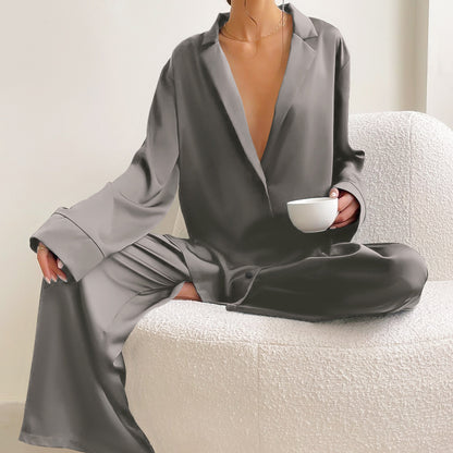 Ladies' Thin Faux Silk Shirt and Long Pants Two-Piece Loungewear Set | ZAKAPOP