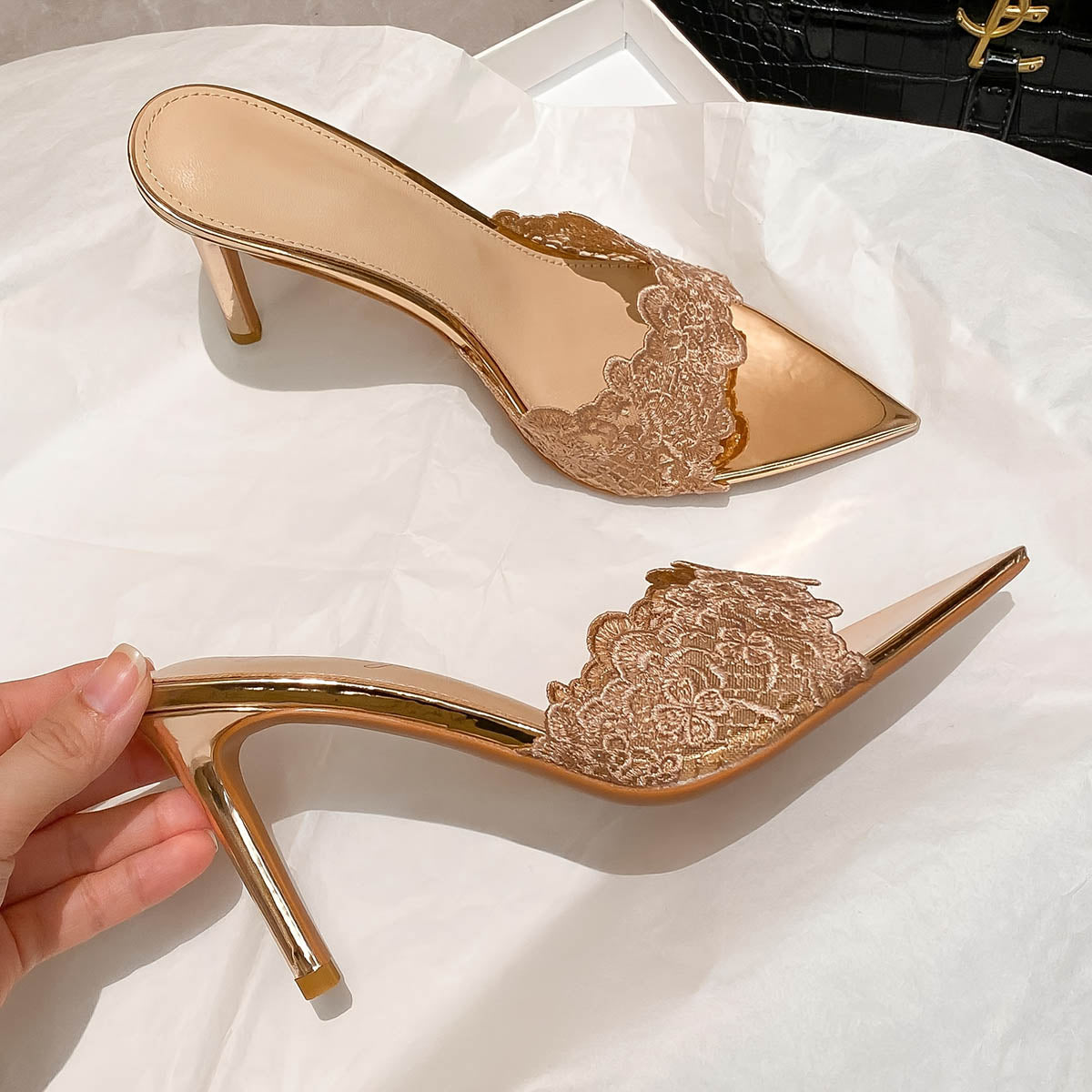 Luna Lace Embroidered Pointed Toe Stiletto Mules | ZAKAPOP