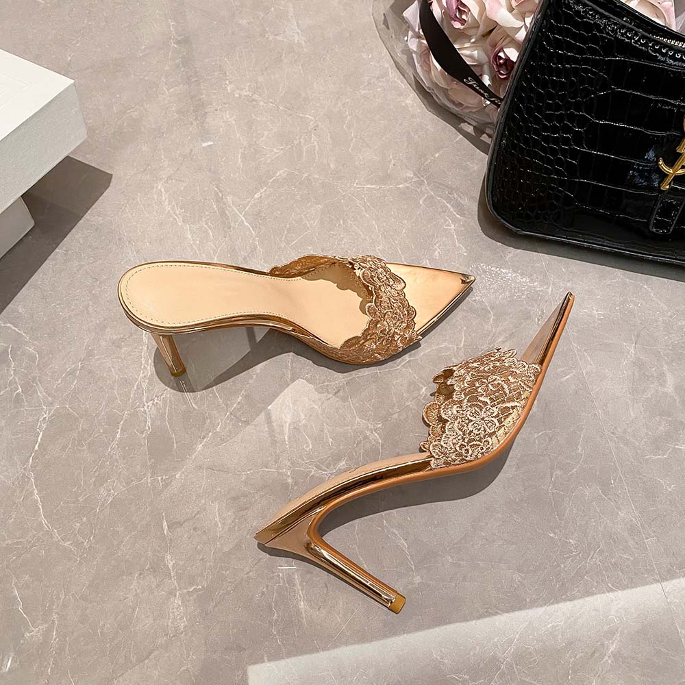 Luna Lace Embroidered Pointed Toe Stiletto Mules | ZAKAPOP