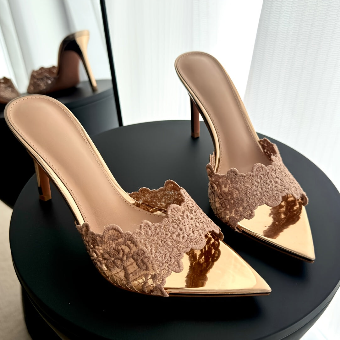 Luna Lace Embroidered Pointed Toe Stiletto Mules | ZAKAPOP