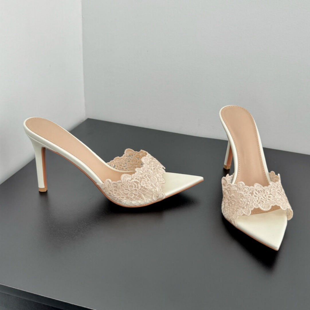 Luna Lace Embroidered Pointed Toe Stiletto Mules | ZAKAPOP