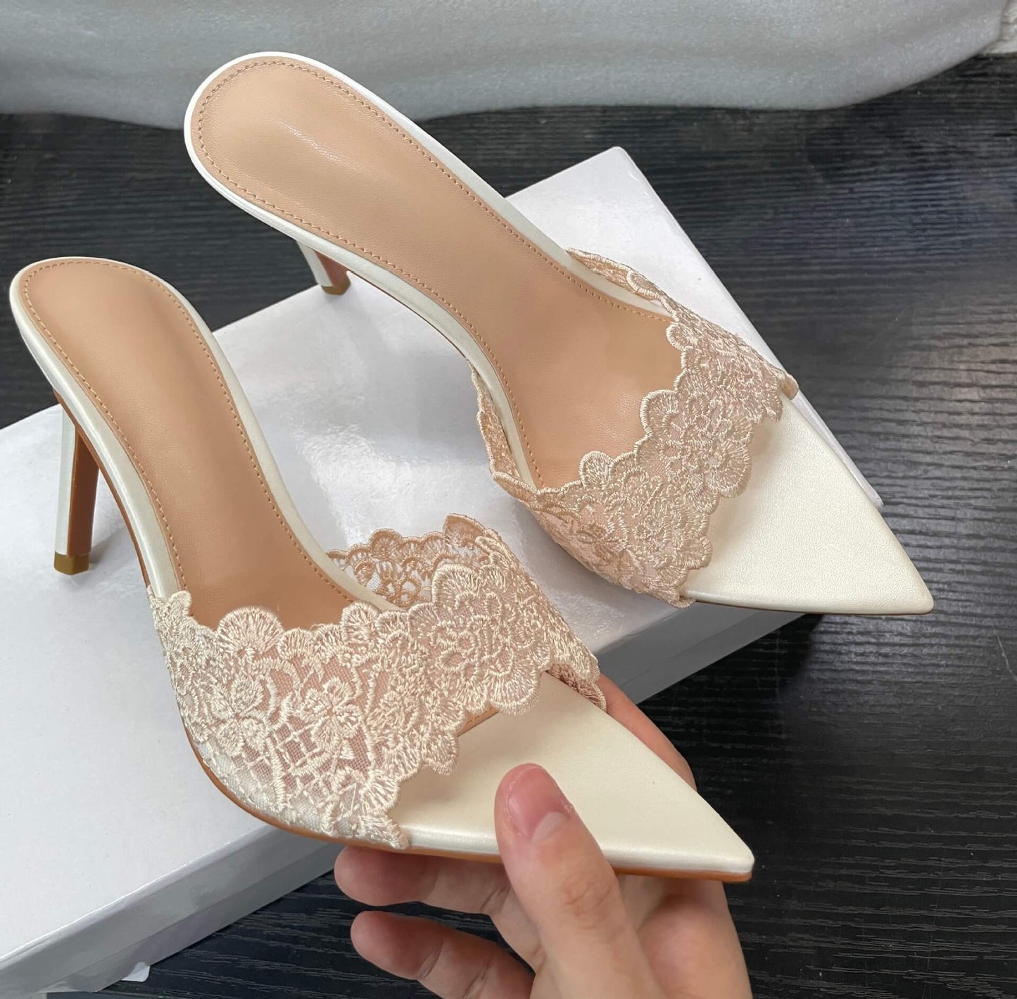Luna Lace Embroidered Pointed Toe Stiletto Mules | ZAKAPOP