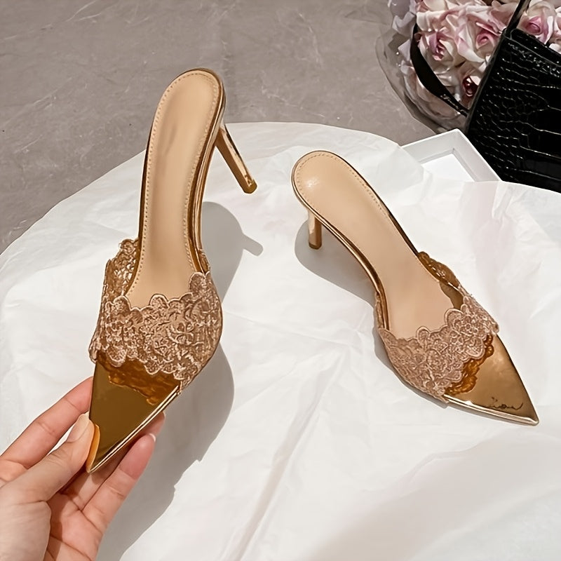 Luna Lace Embroidered Pointed Toe Stiletto Mules | ZAKAPOP