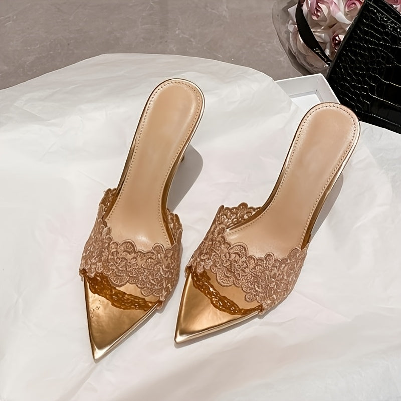 Luna Lace Embroidered Pointed Toe Stiletto Mules | ZAKAPOP