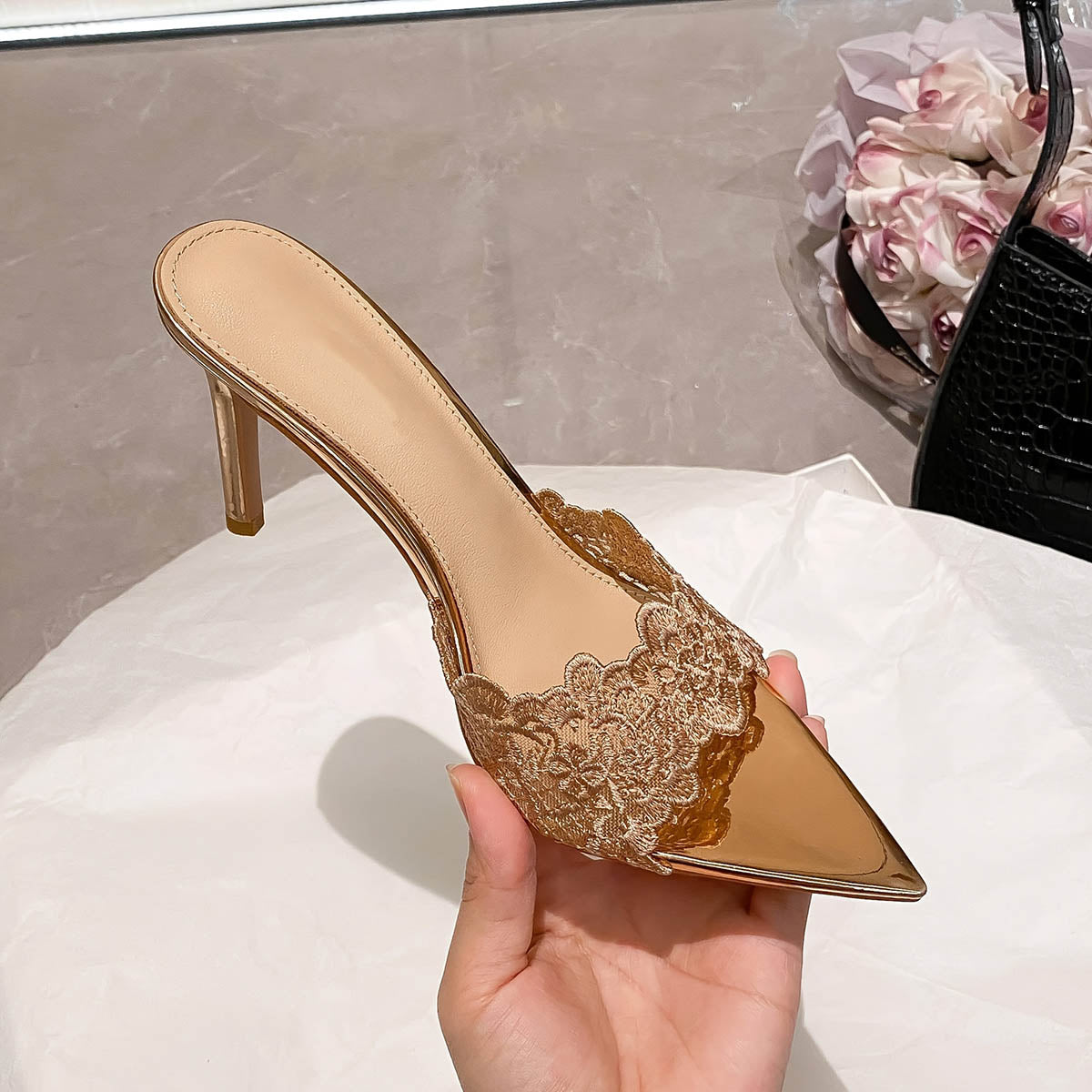 Luna Lace Embroidered Pointed Toe Stiletto Mules | ZAKAPOP