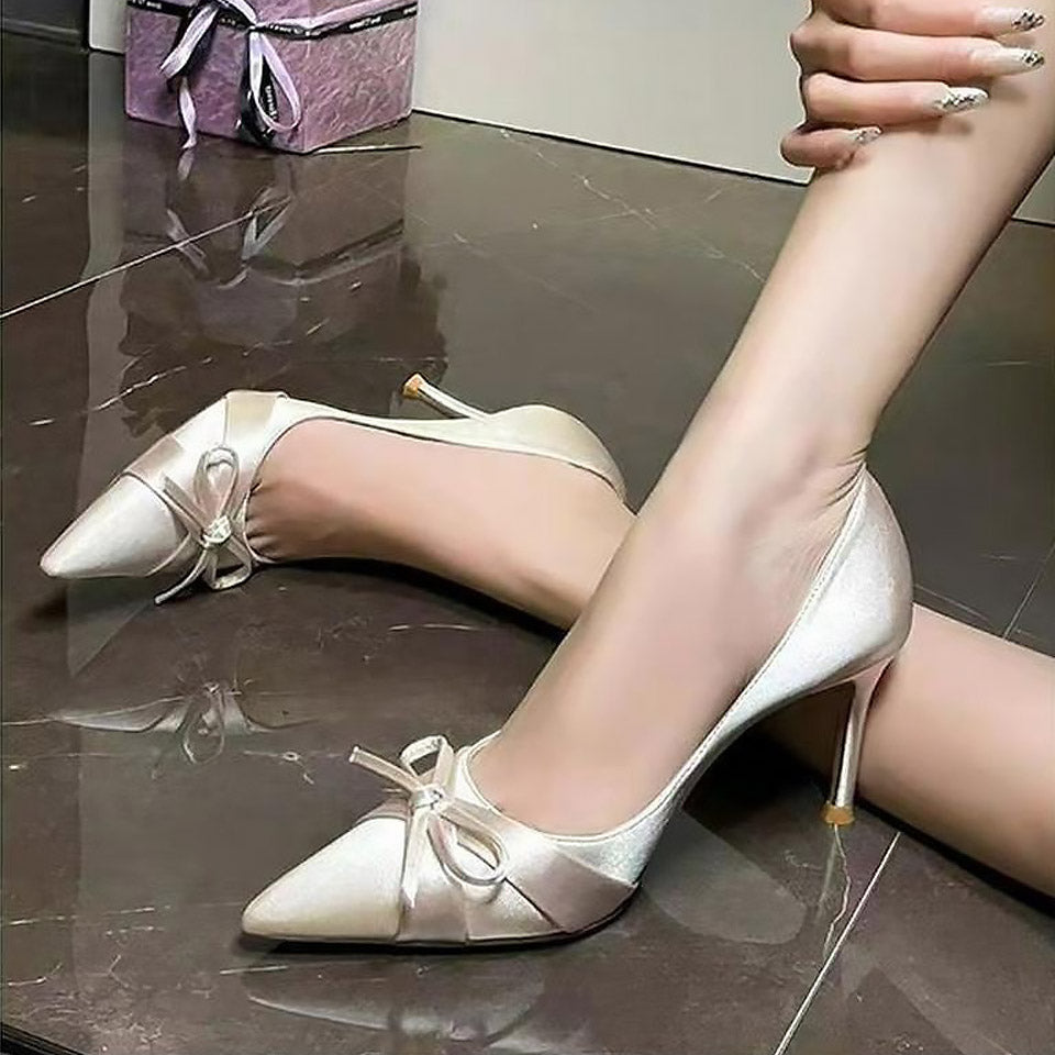 Luxury Satin Pointed-Toe Bow High Heels for Women | ZAKAPOP