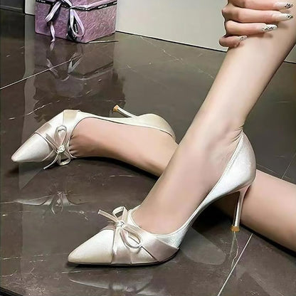 Luxury Satin Pointed-Toe Bow High Heels for Women | ZAKAPOP