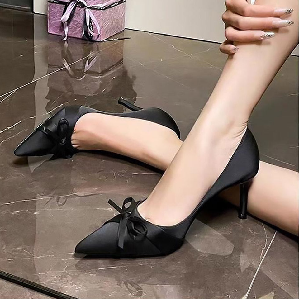 Luxury Satin Pointed-Toe Bow High Heels for Women | ZAKAPOP