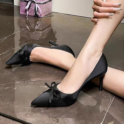 Luxury Satin Pointed-Toe Bow High Heels for Women | ZAKAPOP