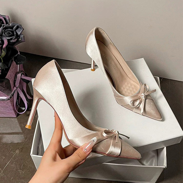 Luxury Satin Pointed-Toe Bow High Heels for Women | ZAKAPOP