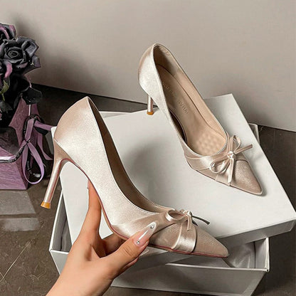 Luxury Satin Pointed-Toe Bow High Heels for Women | ZAKAPOP