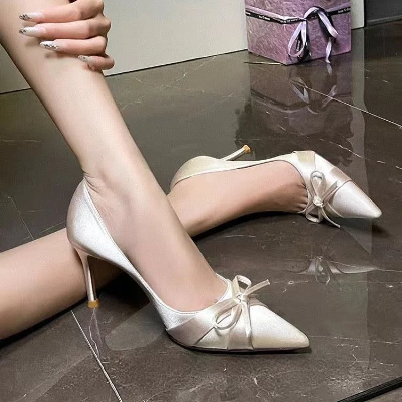 Luxury Satin Pointed-Toe Bow High Heels for Women | ZAKAPOP