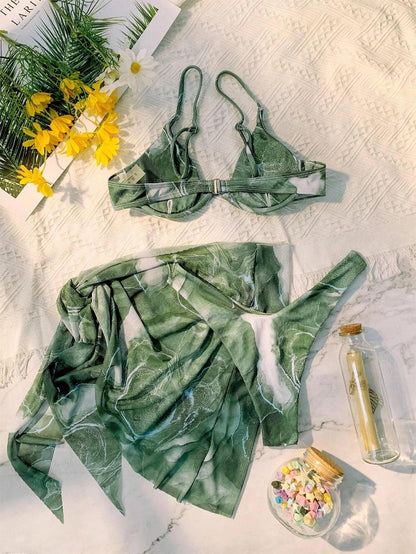 Marble Print Underwire Swimsuit With Beach Skirt | ZAKAPOP