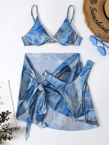 Marble Print Underwire Swimsuit With Beach Skirt | ZAKAPOP