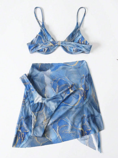 Marble Print Underwire Swimsuit With Beach Skirt | ZAKAPOP