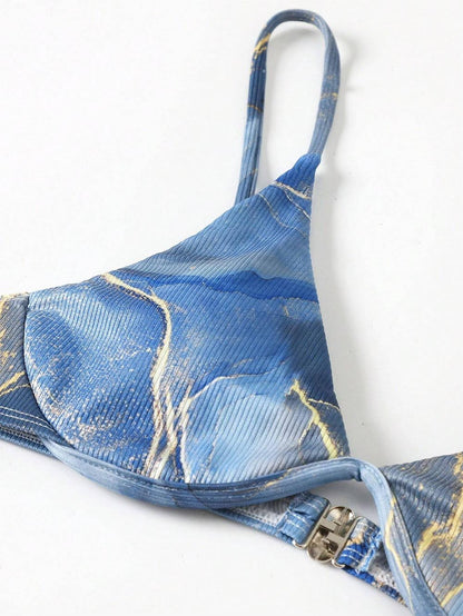 Marble Print Underwire Swimsuit With Beach Skirt | ZAKAPOP