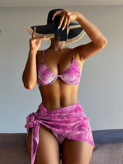 Marble Print Underwire Swimsuit With Beach Skirt | ZAKAPOP