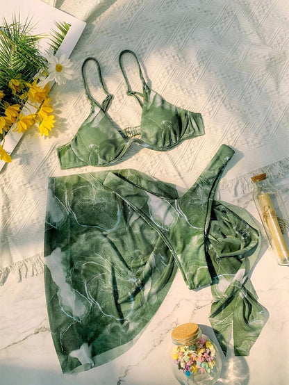 Marble Print Underwire Swimsuit With Beach Skirt | ZAKAPOP