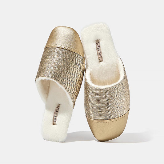 Mule in Gold Faux Leather with Fur | Moongloar