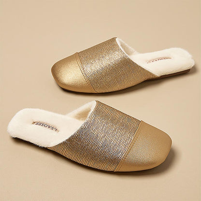 Mule in Gold Faux Leather with Fur