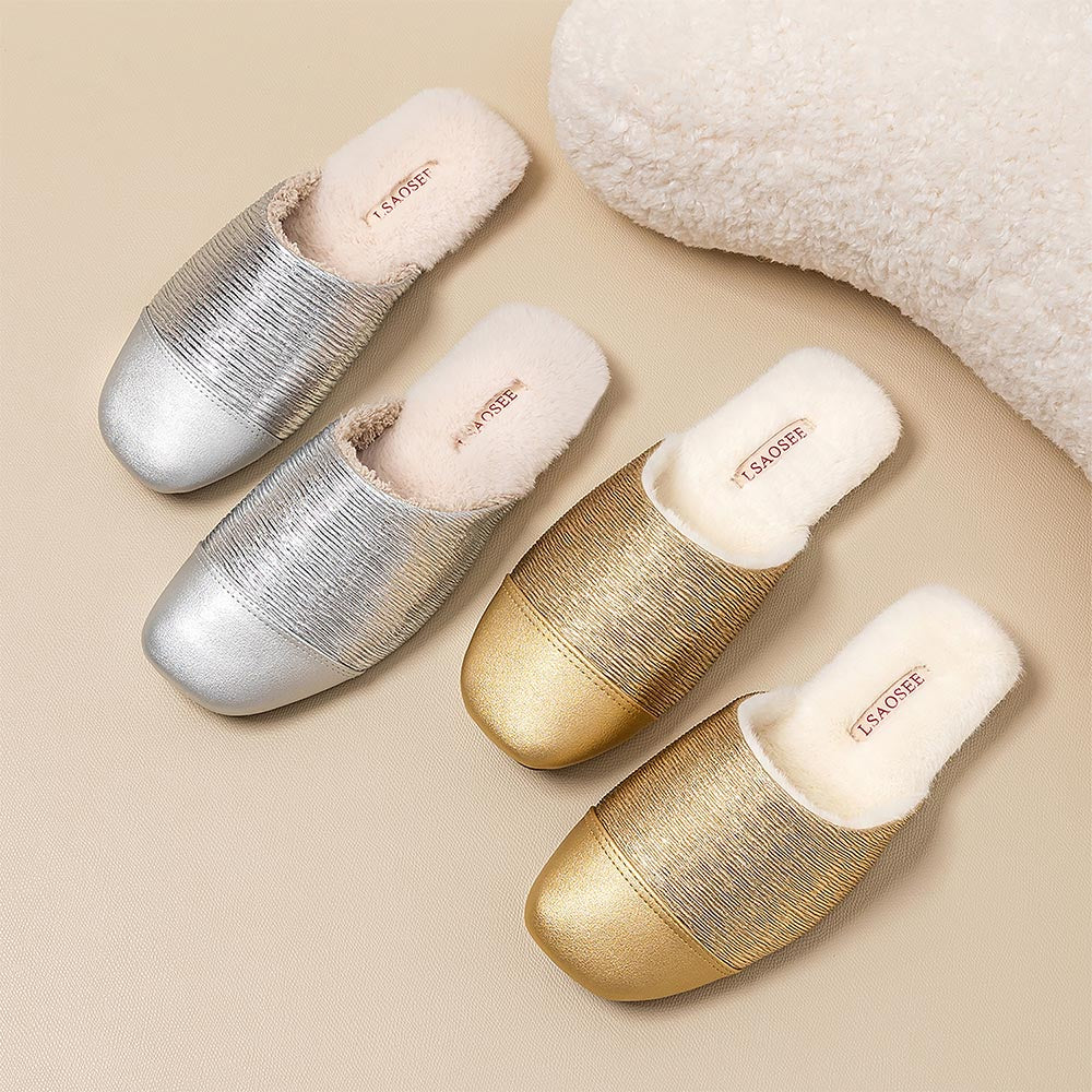 Mule in Gold Faux Leather with Fur