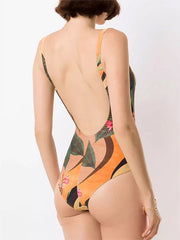One Piece Printed Open Back Swimsuit with Hip Length Skirt Set | ZAKAPOP