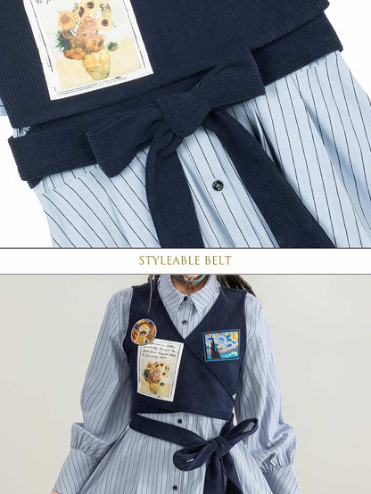 Preppy Corduroy Tie Vest Layered Shirt Dress | ZAKAPOP