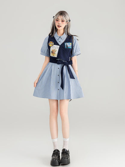 Preppy Corduroy Tie Vest Layered Shirt Dress | ZAKAPOP