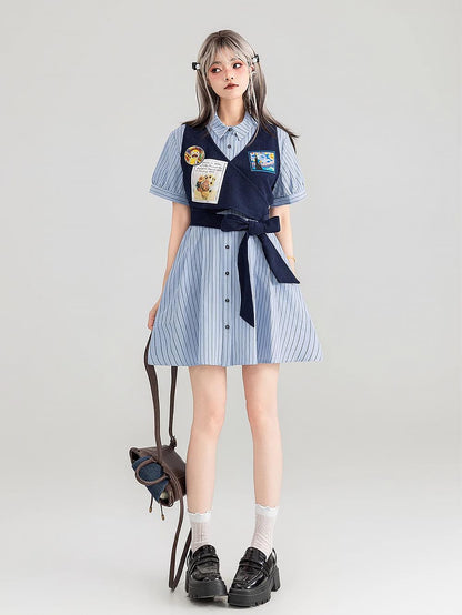 Preppy Corduroy Tie Vest Layered Shirt Dress | ZAKAPOP
