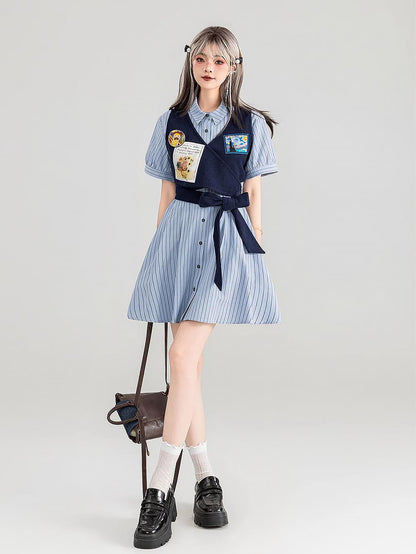 Preppy Corduroy Tie Vest Layered Shirt Dress | ZAKAPOP