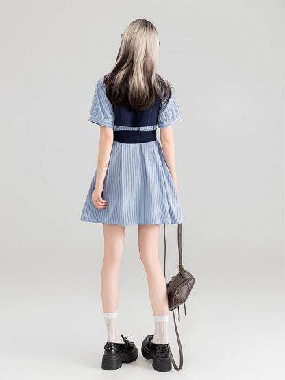 Preppy Corduroy Tie Vest Layered Shirt Dress | ZAKAPOP