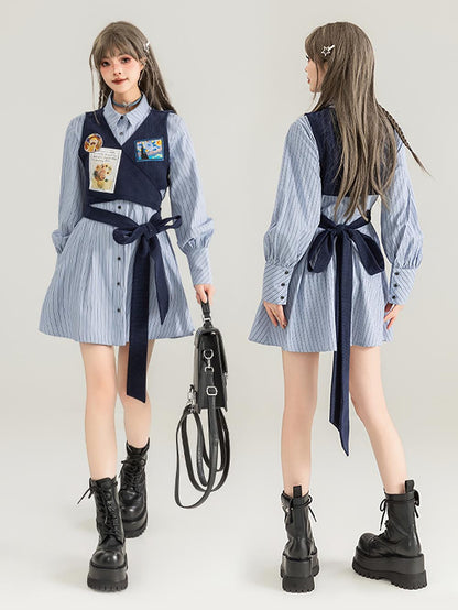 Preppy Corduroy Tie Vest Layered Shirt Dress | ZAKAPOP