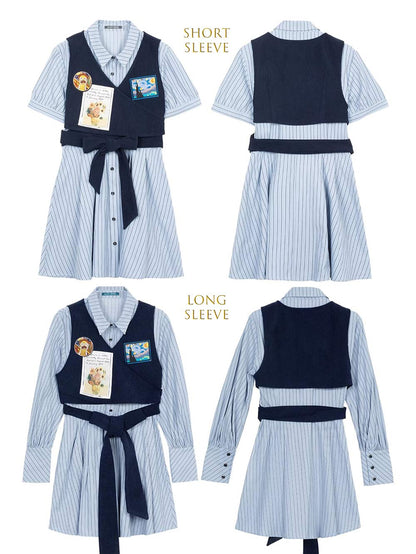Preppy Corduroy Tie Vest Layered Shirt Dress | ZAKAPOP
