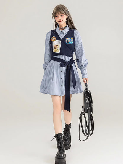 Preppy Corduroy Tie Vest Layered Shirt Dress | ZAKAPOP