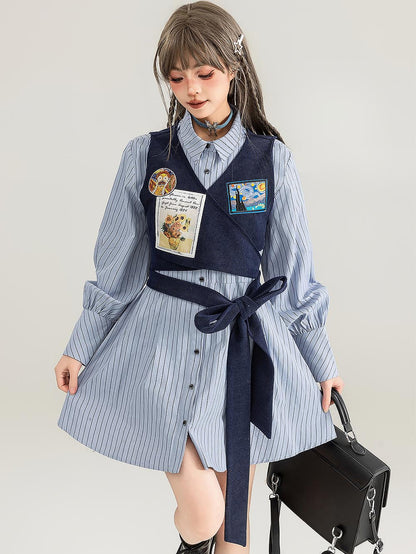 Preppy Corduroy Tie Vest Layered Shirt Dress | ZAKAPOP
