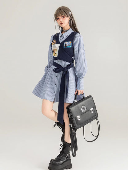 Preppy Corduroy Tie Vest Layered Shirt Dress | ZAKAPOP