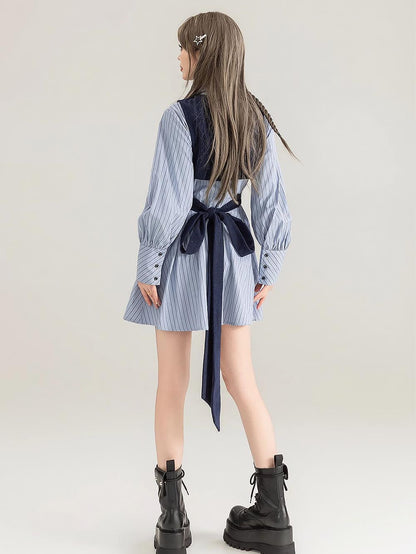 Preppy Corduroy Tie Vest Layered Shirt Dress | ZAKAPOP