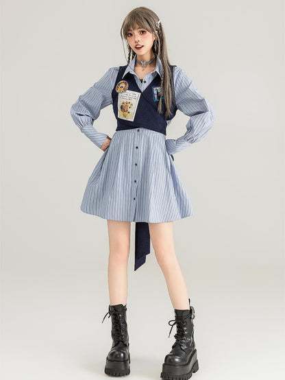 Preppy Corduroy Tie Vest Layered Shirt Dress | ZAKAPOP