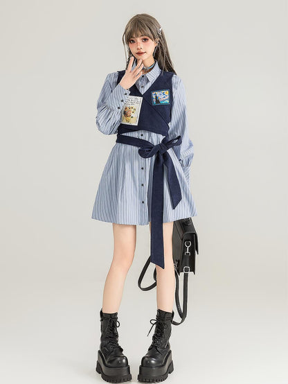 Preppy Corduroy Tie Vest Layered Shirt Dress | ZAKAPOP