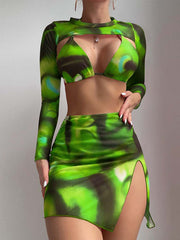 Printed Mesh Skirt 3PCS Bikini Swimsuit | ZAKAPOP