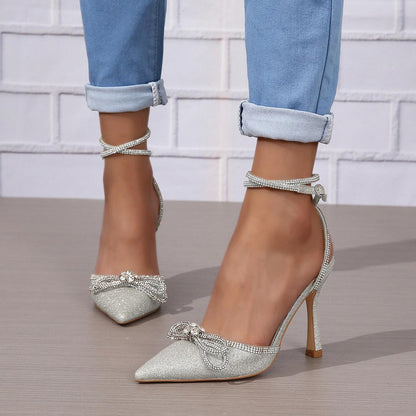 Rhinestone Bow Glitter Pointed Toe Heels | ZAKAPOP
