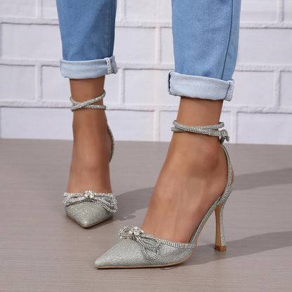 Rhinestone Bow Glitter Pointed Toe Heels | ZAKAPOP