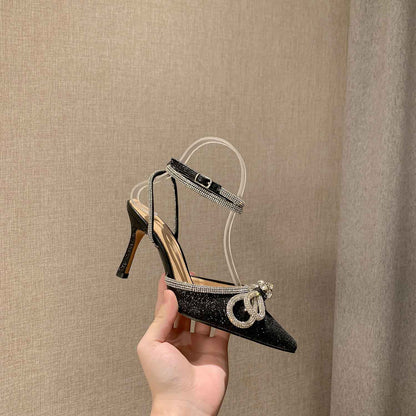 Rhinestone Bow Glitter Pointed Toe Heels | ZAKAPOP