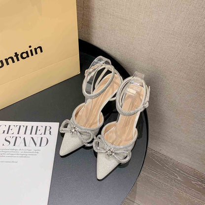 Rhinestone Bow Glitter Pointed Toe Heels | ZAKAPOP