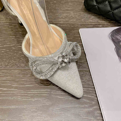 Rhinestone Bow Glitter Pointed Toe Heels | ZAKAPOP