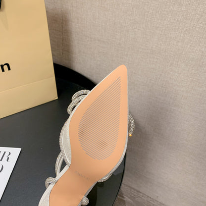 Rhinestone Bow Glitter Pointed Toe Heels | ZAKAPOP