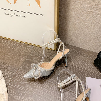 Rhinestone Bow Glitter Pointed Toe Heels | ZAKAPOP