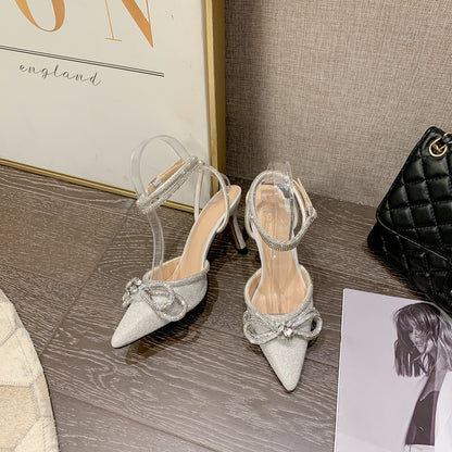 Rhinestone Bow Glitter Pointed Toe Heels | ZAKAPOP