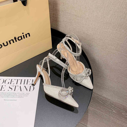 Rhinestone Bow Glitter Pointed Toe Heels | ZAKAPOP