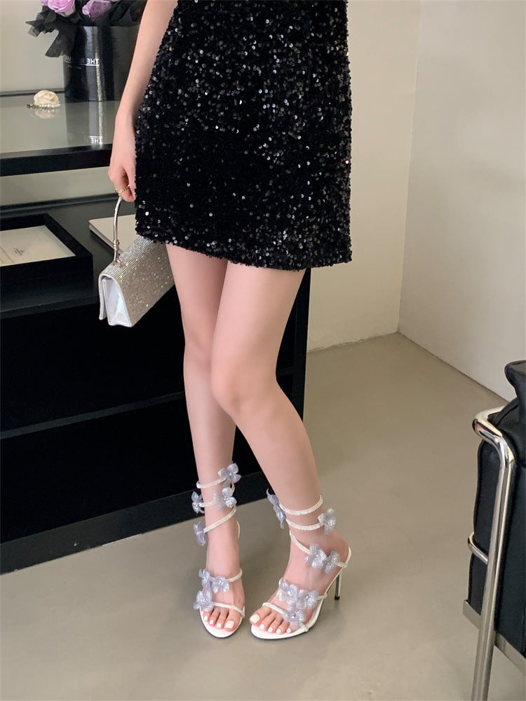 Womens Sexy Crystal Flower Lace-Up Stiletto Heels | ZAKAPOP